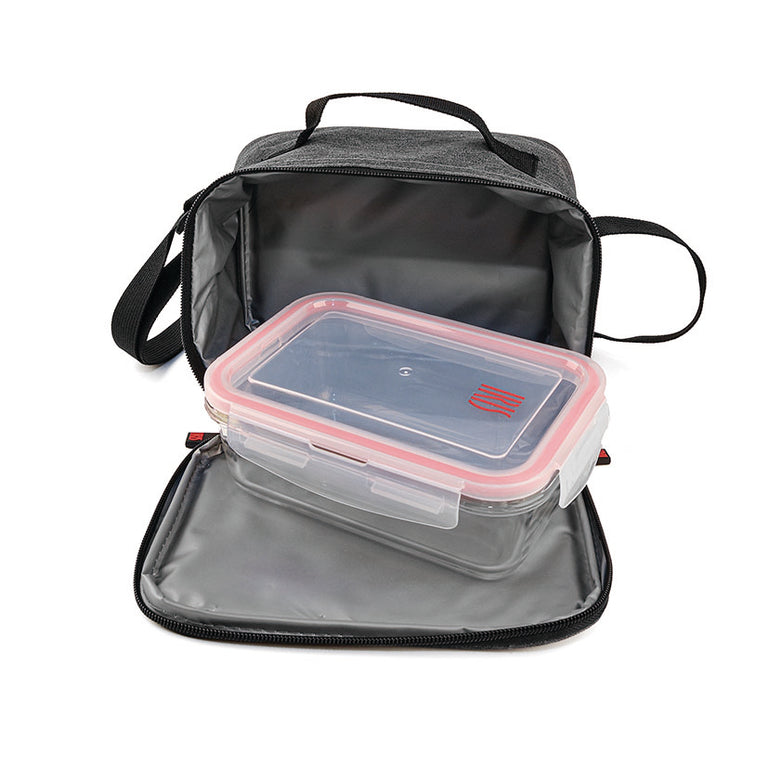 Interior de la bolsa térmica IRIS con contenedor de vidrio borosilicato de 840ml y tapa hermética.
