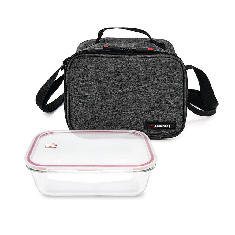 Conjunto de bolsa porta-alimentos gris y táper de cristal hermético IRIS para oficina o exteriores.