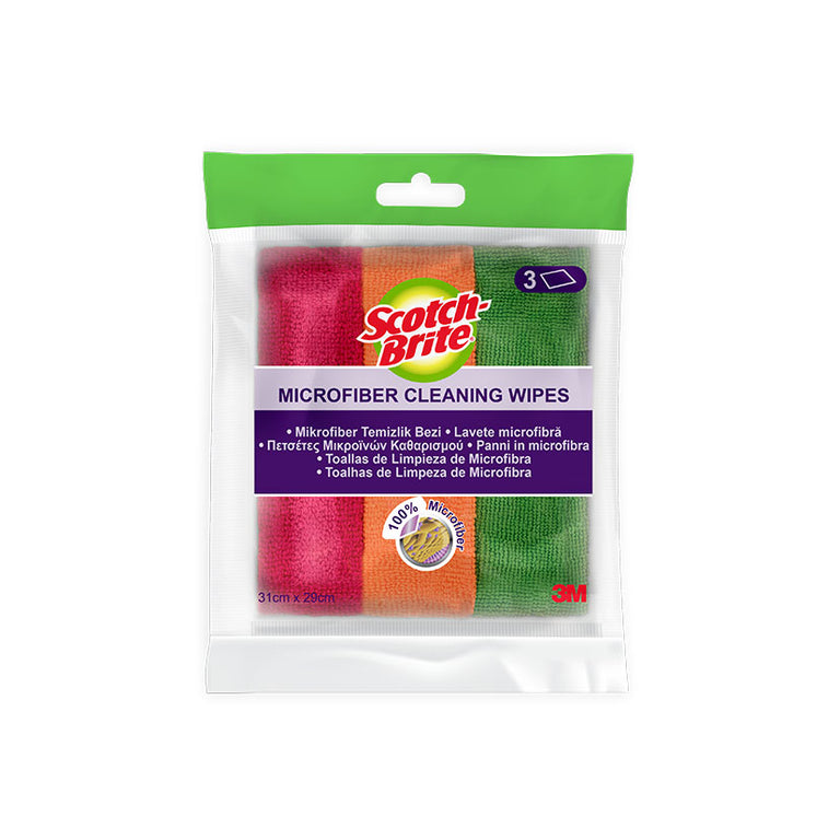 Pack de 3 bayetas de microfibra Scotch-Brite 3M en colores rosa, naranja y verde, dimensiones 31x29 cm.