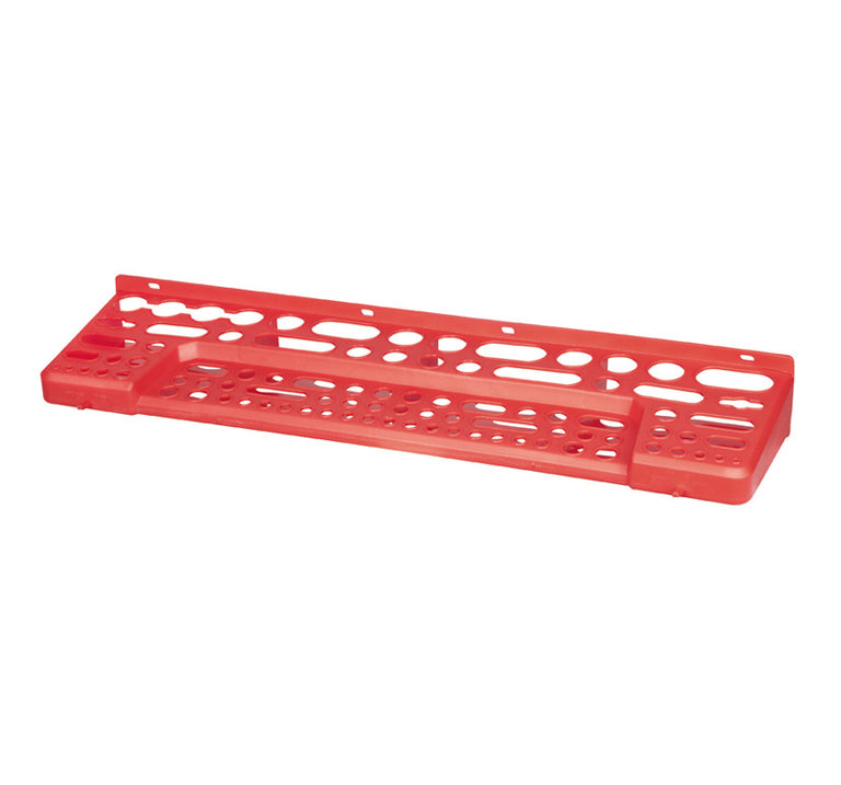 Organizador de herramientas de pared RATIO en polipropileno rojo visto desde una perspectiva lateral vacía.