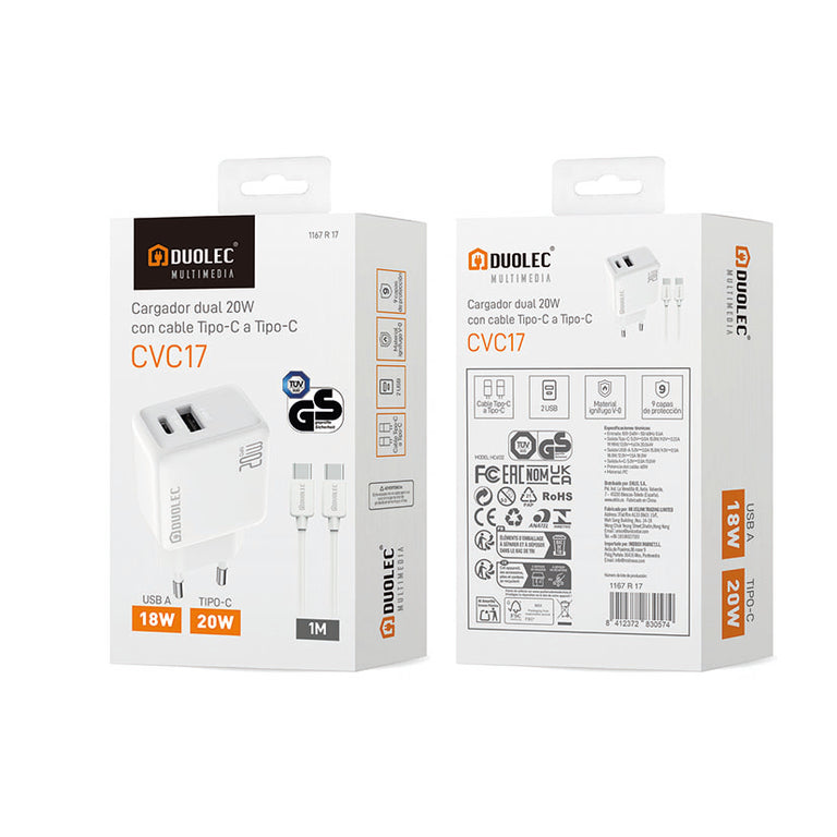 Cargador dual DUOLEC CVC17 de 20W blanco con puertos USB-A y USB-C y cable Tipo-C de 1 metro