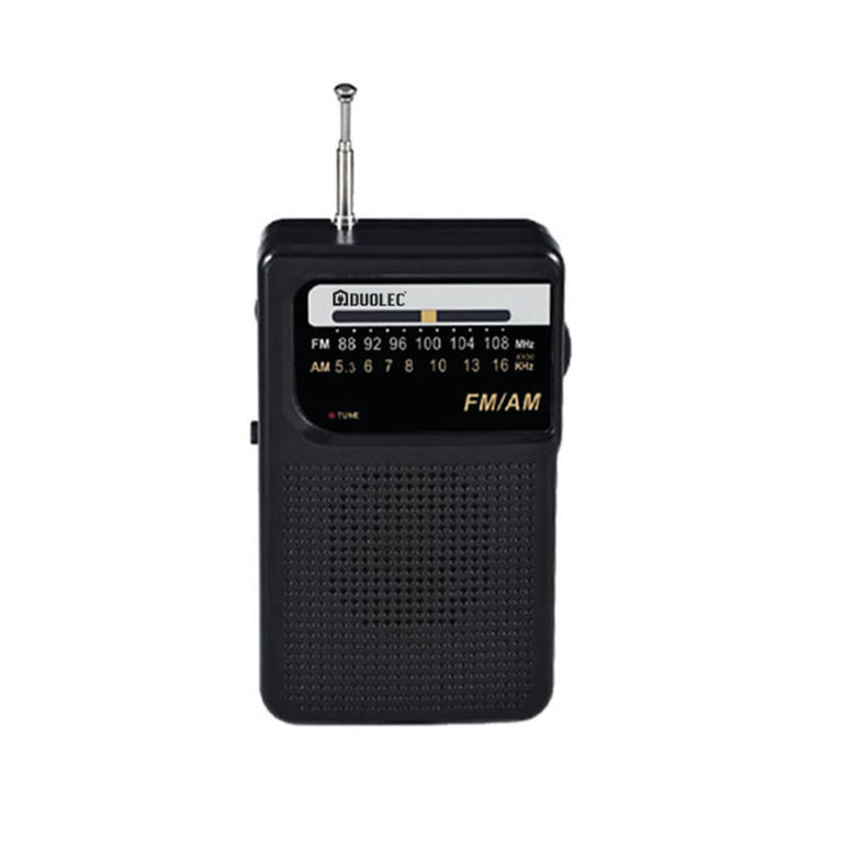 Radio portátil analógica DUOLEC negra con antena telescópica y dial de frecuencias AM/FM