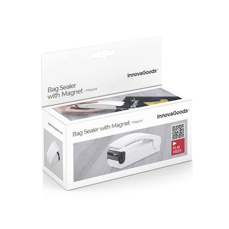Embalaje original de la selladora de bolsas con imán InnovaGoods Magseal con instrucciones y código QR