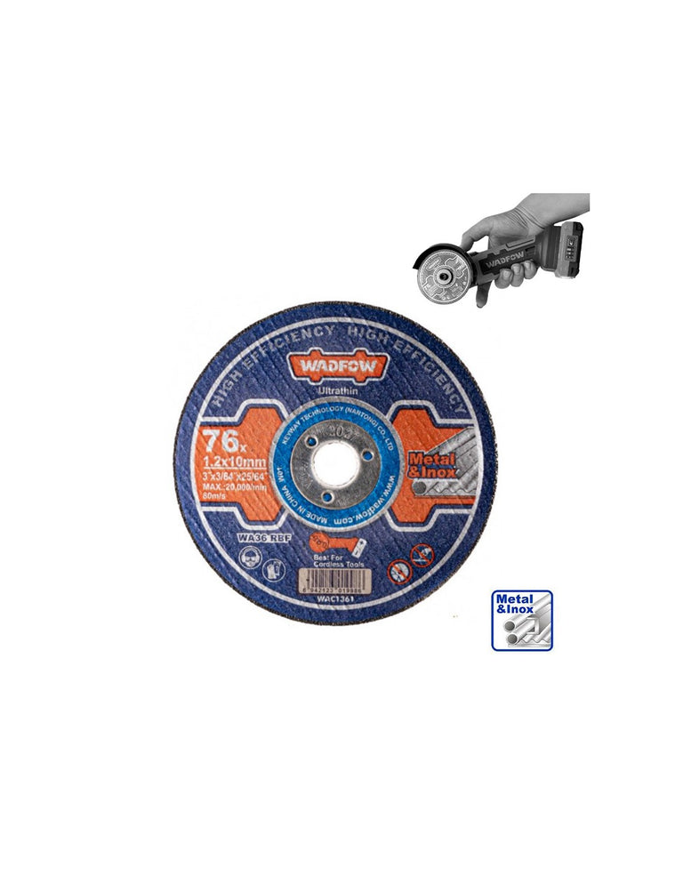 Disco de corte Wadfow de 76mm de diámetro y 1.2mm de espesor para metal y acero inoxidable, compatible con mini amoladoras inalámbricas de eje de 10mm.