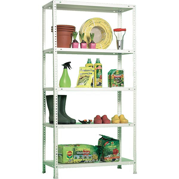 Fachada frontal de la estantería Comfort Plus 5/400 destacando su acabado uniforme en blanco para interiores.