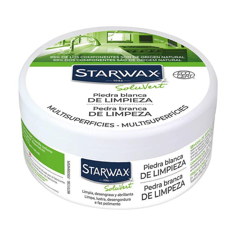 Envase de la Piedra Blanca de Limpieza STARWAX Soluvert de 375 gr, con sello ECOCERT, 99% de origen natural.