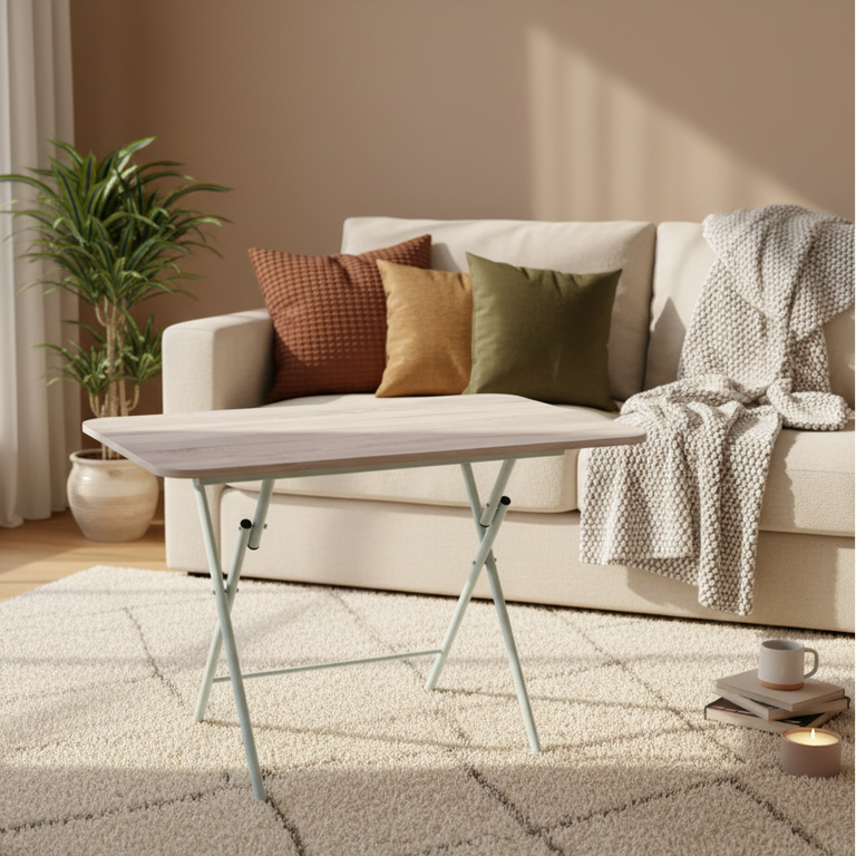 Mesa de comedor plegable Decasa Nordic de 110 x 70 cm abierta, mostrando la tapa de madera clara y las patas metálicas estables.