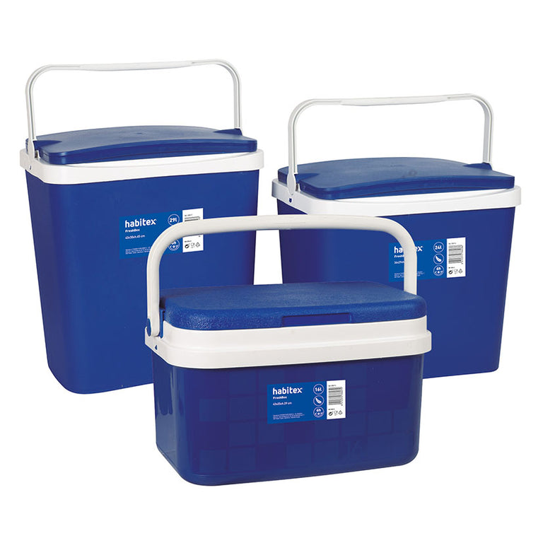Comparativa de tamaños 16L, 24L y 29L de la nevera rígida azul para camping.