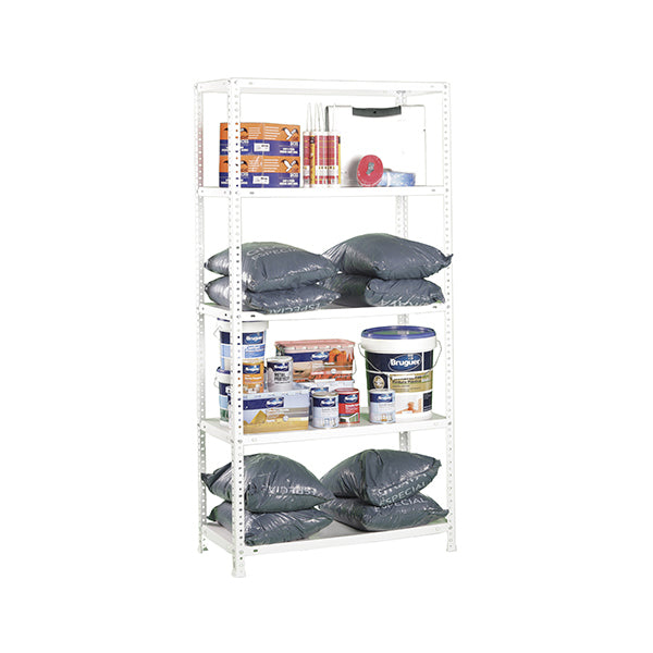 Estantería metálica Comfort Plus 5/400 de 5 estantes color blanco vista de cuerpo completo para almacenaje vertical.