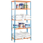 Fotografía de la estantería mixta Master 40 de 180x90x40cm con perfiles metálicos en azul y naranja y cinco baldas de madera aglomerada, ideal para almacenamiento profesional y decorativo.