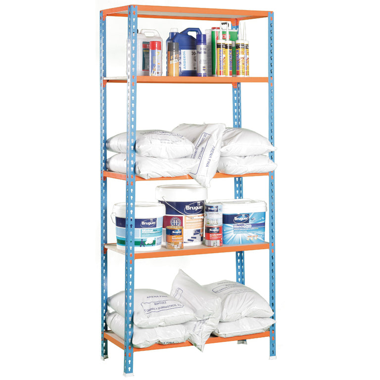 Fotografía de la estantería mixta Master 40 de 180x90x40cm con perfiles metálicos en azul y naranja y cinco baldas de madera aglomerada, ideal para almacenamiento profesional y decorativo.
