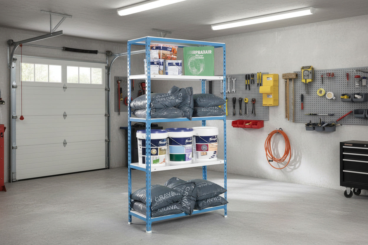 Vista frontal de la estantería metálica Kit Practic 40 de Estanterías Simón en colores azul y blanco, con 5 niveles de almacenaje de alta capacidad montada en un entorno de taller.