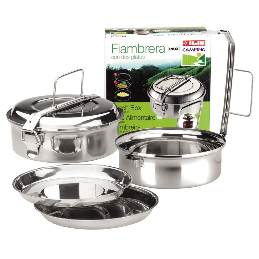 Fiambrera IBILI de acero inoxidable con dos platos interiores y asa de transporte para camping y exteriores.