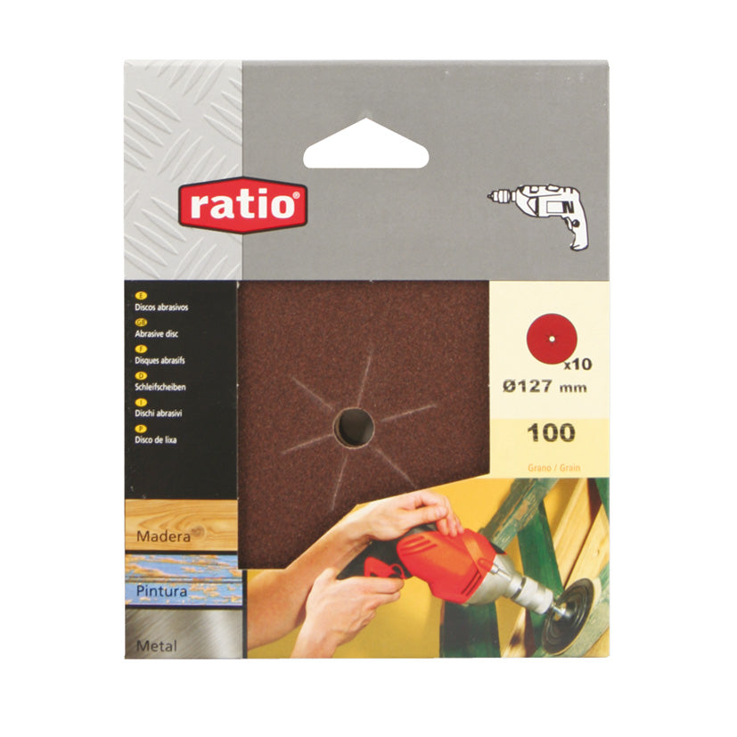 Pack de 10 discos abrasivos RATIO de 127 mm para madera pintura y metal grano 100