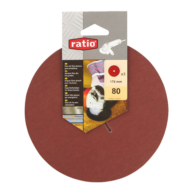 Pack de 3 discos de fibra RATIO 178mm grano 80 para metal, pintura y madera