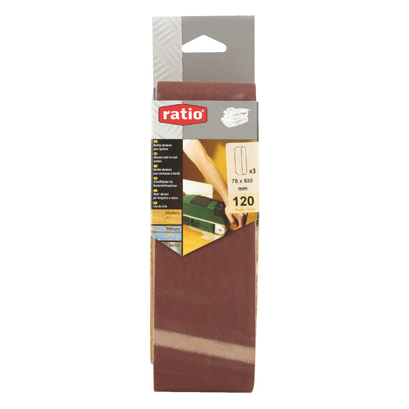 Pack de 3 bandas abrasivas RATIO 75x533mm grano 120 para madera, pintura y metal.