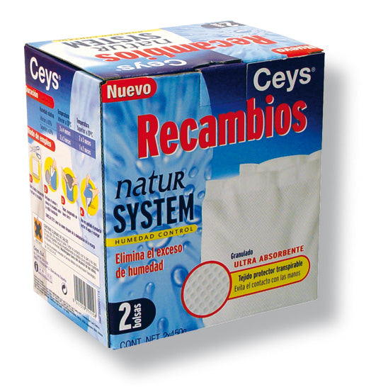 Caja de 2 recambios de sales antihumedad Ceys Natur System de 450 gramos con tejido protector transpirable.