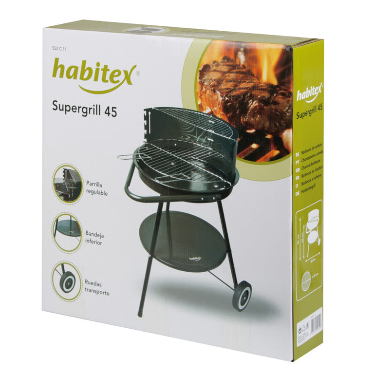 Embalaje original de la barbacoa HABITEX Supergrill 45 mostrando características y dimensiones técnicas.
