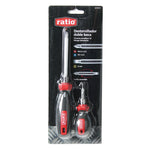 Blíster de destornillador doble boca RATIO 8 en 1 detallando puntas PH, PZ y plana con varilla reversible.