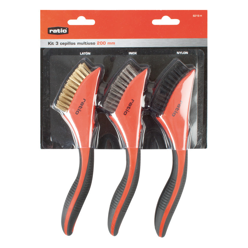 Embalaje original del kit de 3 cepillos multiuso RATIO 200mm indicando materiales latón, inox y nylon.