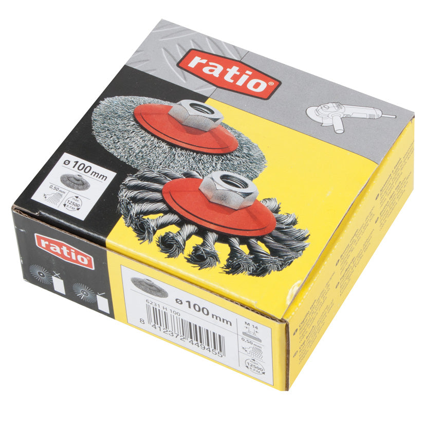 Embalaje original del cepillo cónico RATIO de 100 mm con especificaciones de RPM y diámetro.