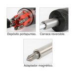 Detalle del depósito de puntas interno, sistema de carraca reversible y adaptador magnético del destornillador.