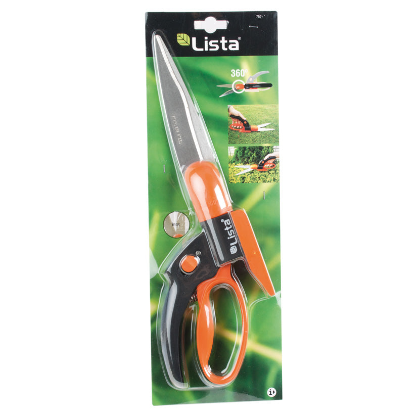 Blíster de tijera cortacésped LISTA 350mm destacando el sistema de giro 360 grados para bordes.