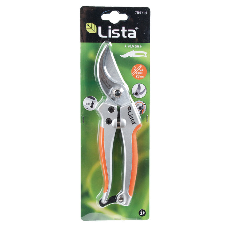Embalaje blíster de tijera de poda Lista N10 de 20,5 cm con detalles técnicos de corte 20mm