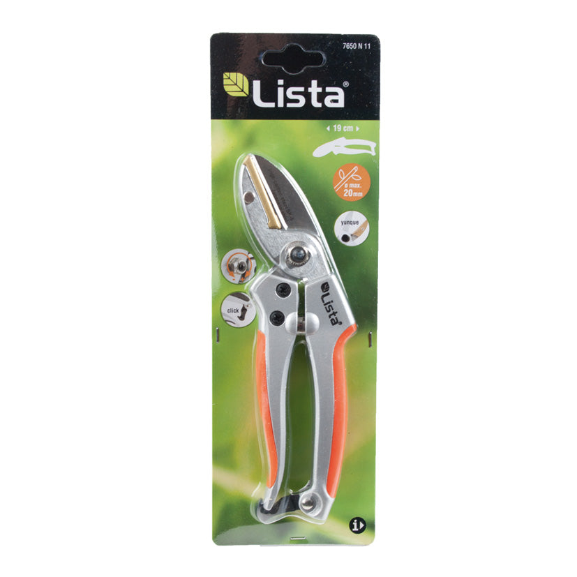 Blíster de tijera de podar LISTA N11 indicando capacidad de corte de 20mm y longitud de 19cm.