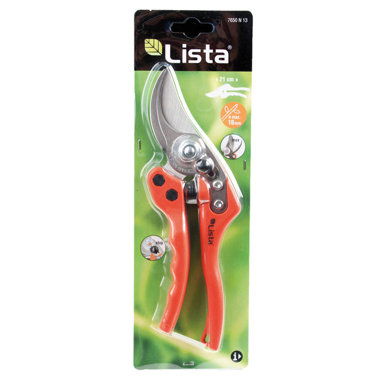 Blíster de venta de la tijera LISTA N13 indicando corte máximo de 16mm y longitud de 21cm.