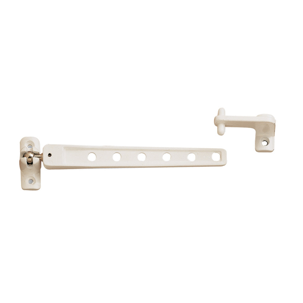 Retenedor de ventana EHL en color blanco con brazo articulado de 6 posiciones y soporte de fijación metálico.