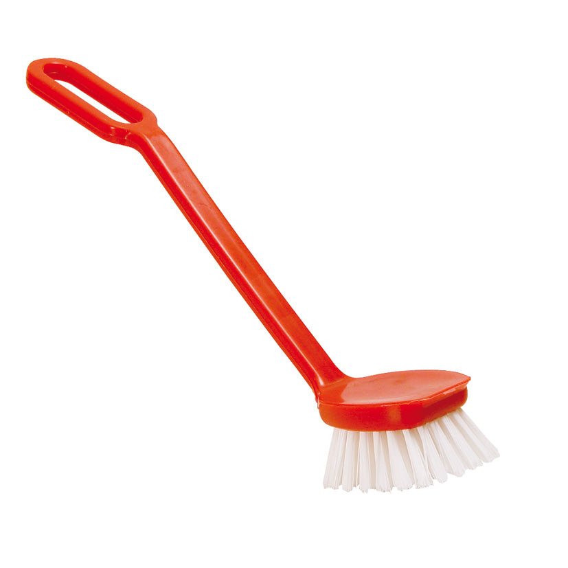 Cepillo lavaplatos Universal rojo con mango largo y cerdas blancas de fibra sintética para limpieza de vajilla.