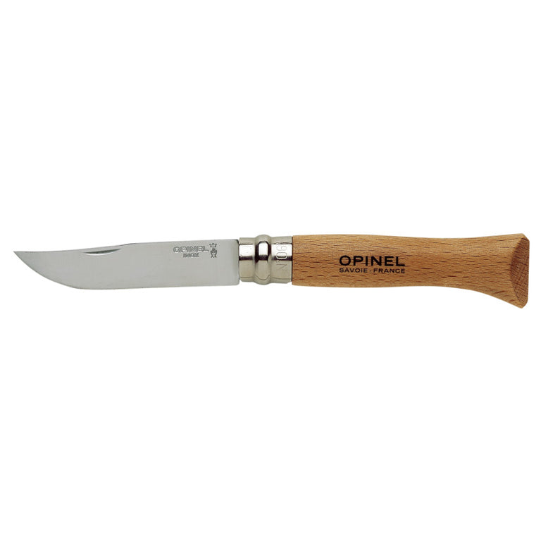 Navaja Opinel Inox abierta con hoja de acero inoxidable y mango de madera de haya con grabado de marca