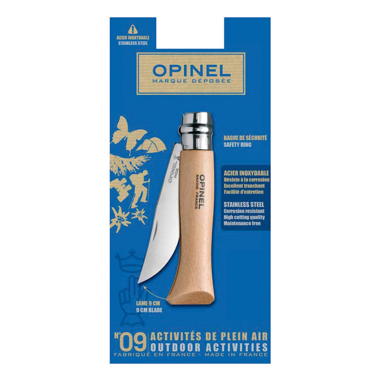 Blíster de navaja Opinel Nº 09 Inox para actividades al aire libre con sistema de seguridad Virobloc