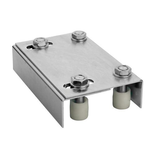 Caja de poleas guía regulable Estebro de acero con rodillos de nylon para puertas correderas.