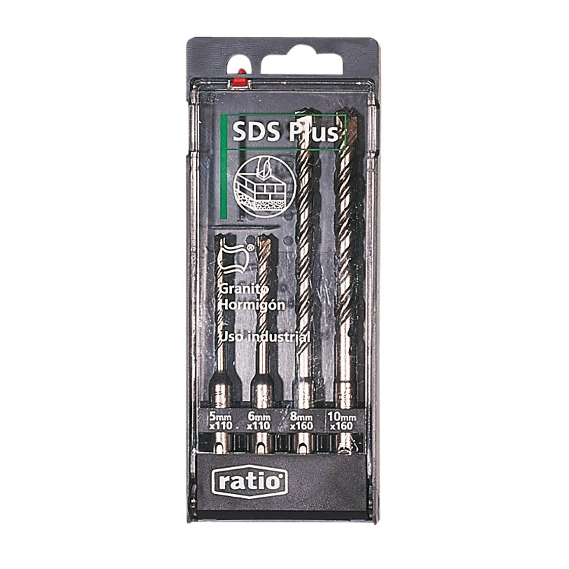 Estuche de 4 brocas SDS-Plus Ratio para hormigón y granito, medidas 5mm a 10mm de uso industrial