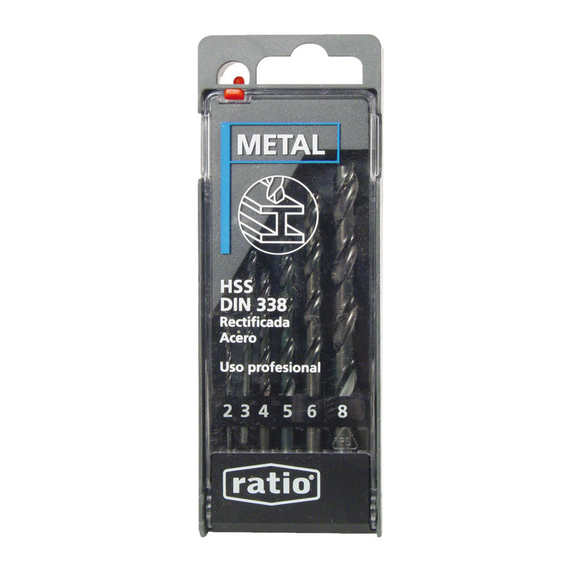 Estuche de 6 brocas para metal HSS rectificadas RATIO, medidas de 2 a 8 mm, calidad profesional.