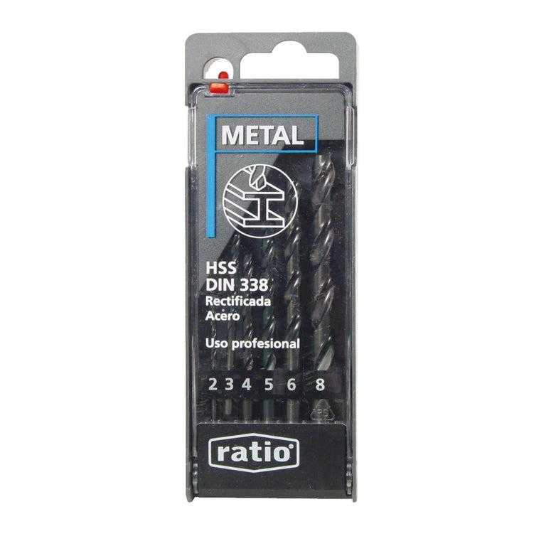 Estuche de 6 brocas para metal HSS rectificadas RATIO, medidas de 2 a 8 mm, calidad profesional.