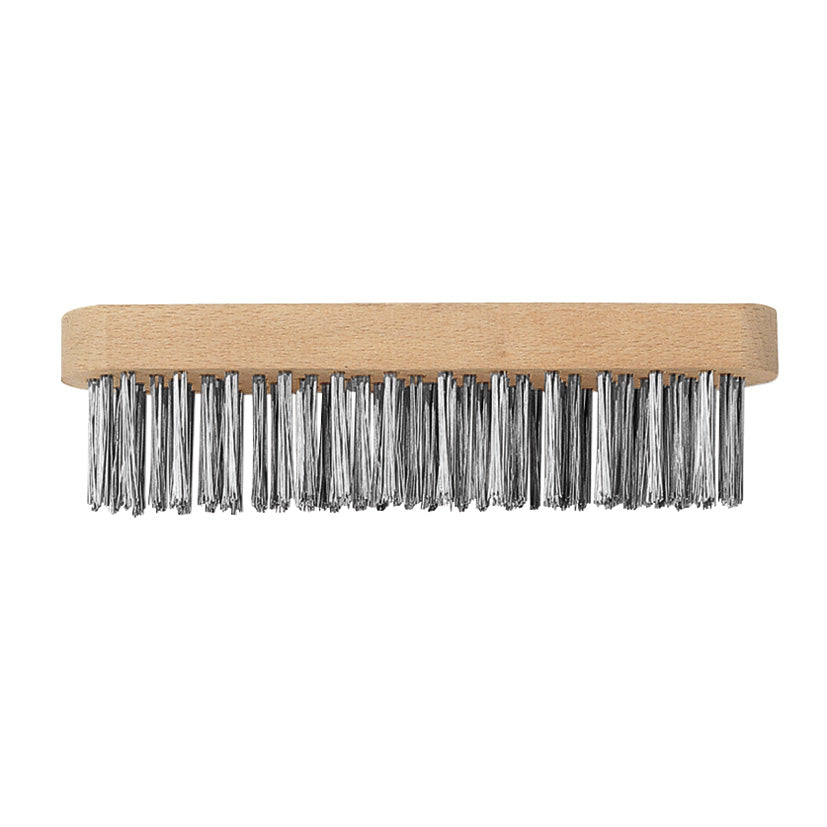 Cepillo de púas de acero plano RATIO con 6 hileras y base de madera para limpieza de óxido pesado.