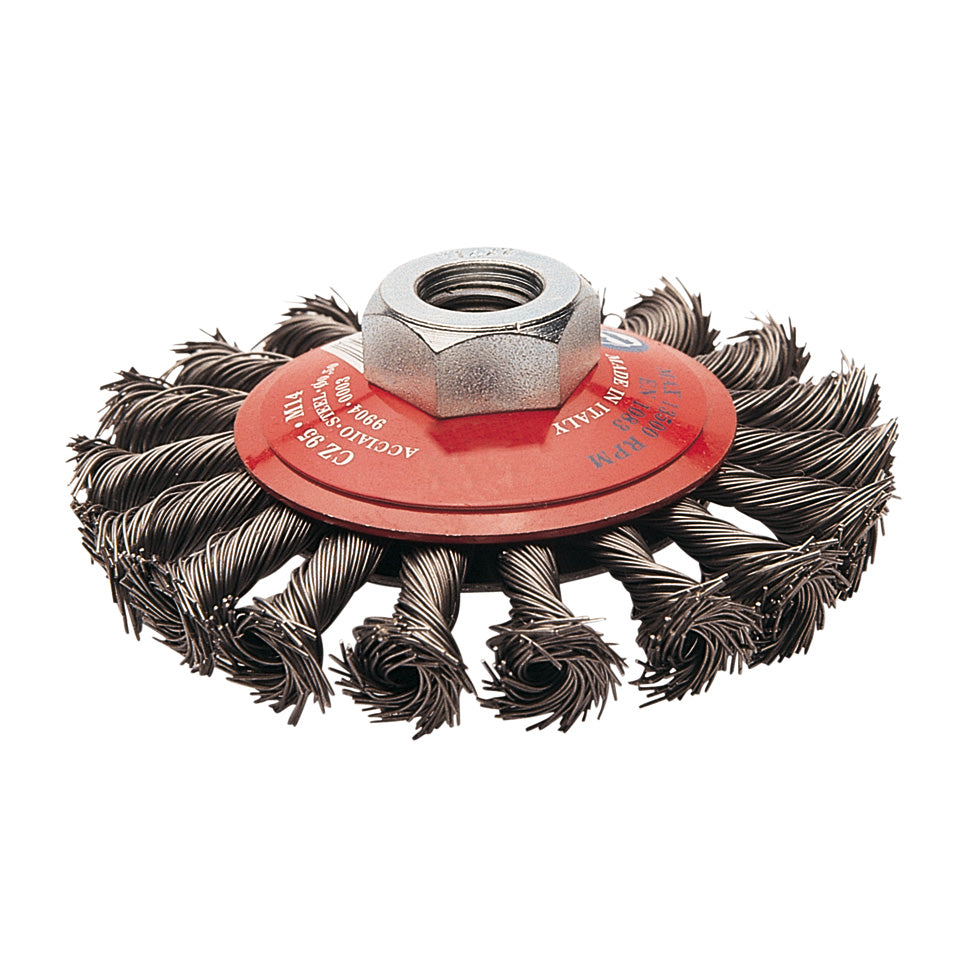 Cepillo cónico de alambre trenzado RATIO con rosca M14 y base roja para amoladora.