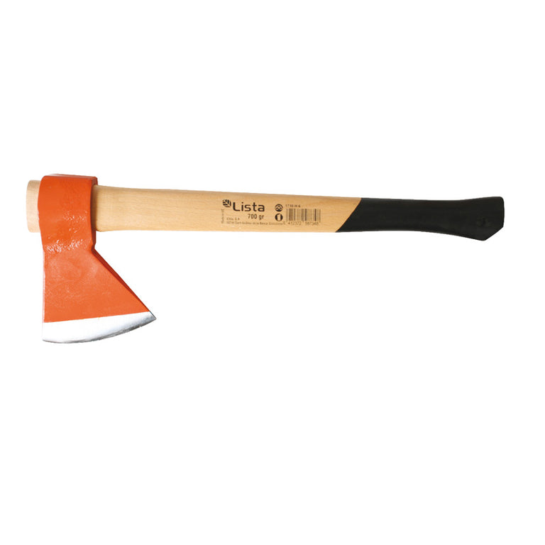Hacha vizcaína LISTA con cabeza de acero naranja y mango de madera de fresno barnizado.