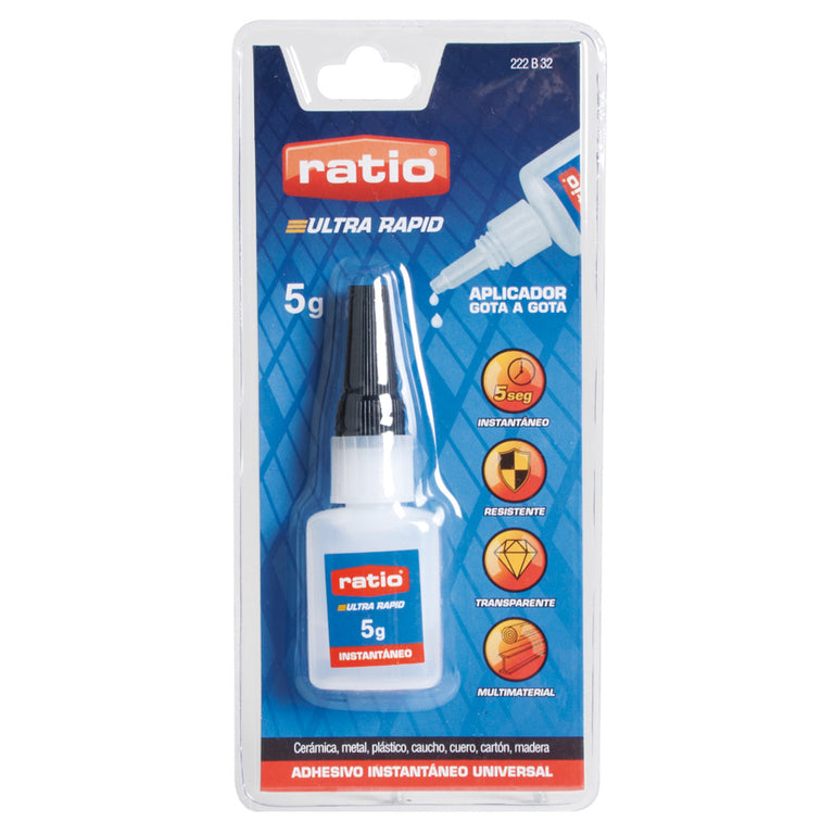 Adhesivo profesional RATIO 5g formato gota a gota secado en 5 segundos.
