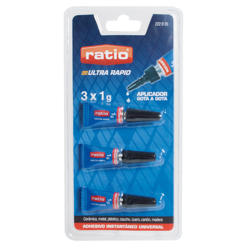 Pack de 3 tubos de 1g adhesivo instantáneo RATIO universal multi-material.