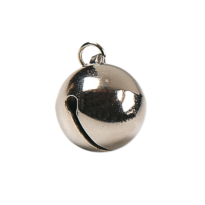 Cascabel metálico niquelado de forma esférica con ranura sonora y anilla de sujeción superior para manualidades.