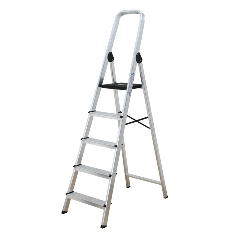 Escalera doméstica de aluminio HABITEX con peldaños antideslizantes y plataforma de seguridad negra