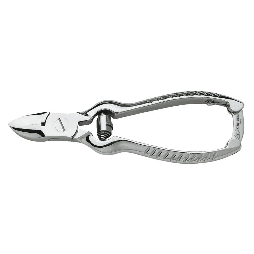Alicate cortaúñas profesional 3 Claveles modelo americano de 11 cm con muelle cilíndrico y acabado en acero pulido.