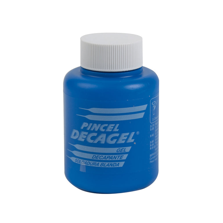 Bote azul de decapante en gel Decagel para soldadura blanda de cobre con tapón blanco y pincel aplicador.
