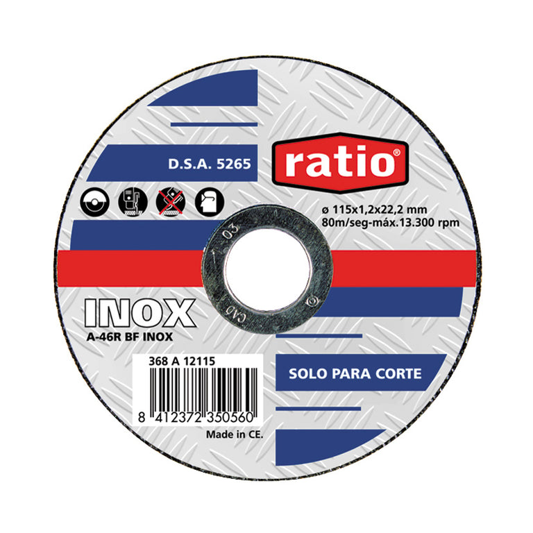 Disco de corte RATIO para acero inoxidable y metal, diámetro 115mm, pack de 25 unidades, normativa oSa.
