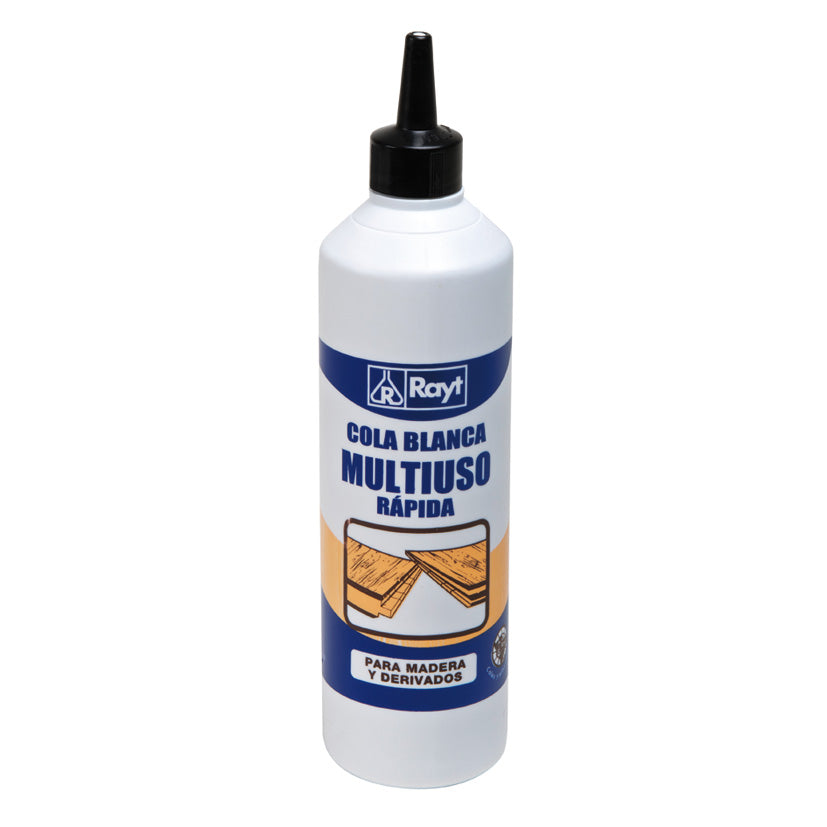 Bote de cola blanca rápida Rayt multiuso para madera y derivados con boquilla de precisión.