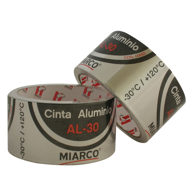 Dos rollos de cinta adhesiva de aluminio MIARCO AL-30 con indicación de resistencia térmica de -30 a +120 grados.